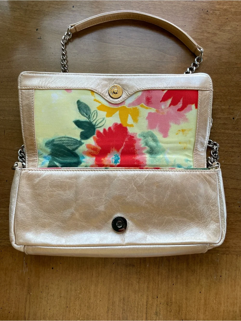 HOBO Cream Champagne Metallic Leather East-West Shoulder Bag with Chain Strap